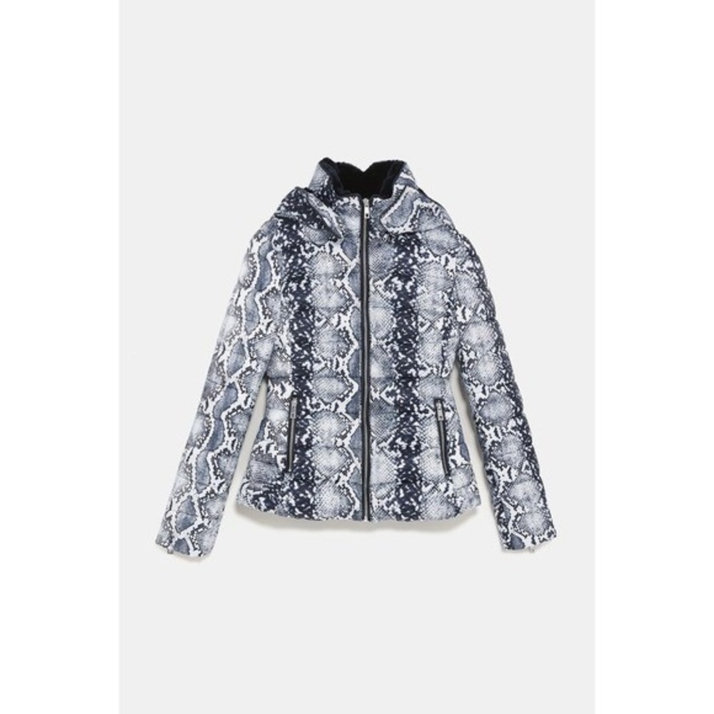Zara Snakeskin Print Puffer Jacket Hooded Full Zip Quilted Coat Size S